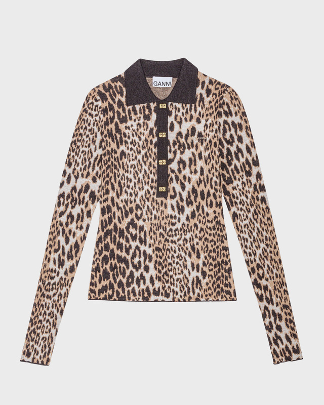Ganni Fine Merino Jacquard Leopard Polo Leopard XL
