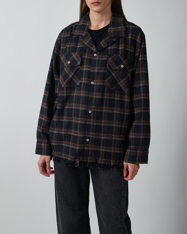 Found Skjorte Raw Cut Fringe Plaid Camp Navy L