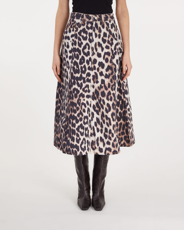 Ganni Skirt Print Denim High Waist Leopard 36