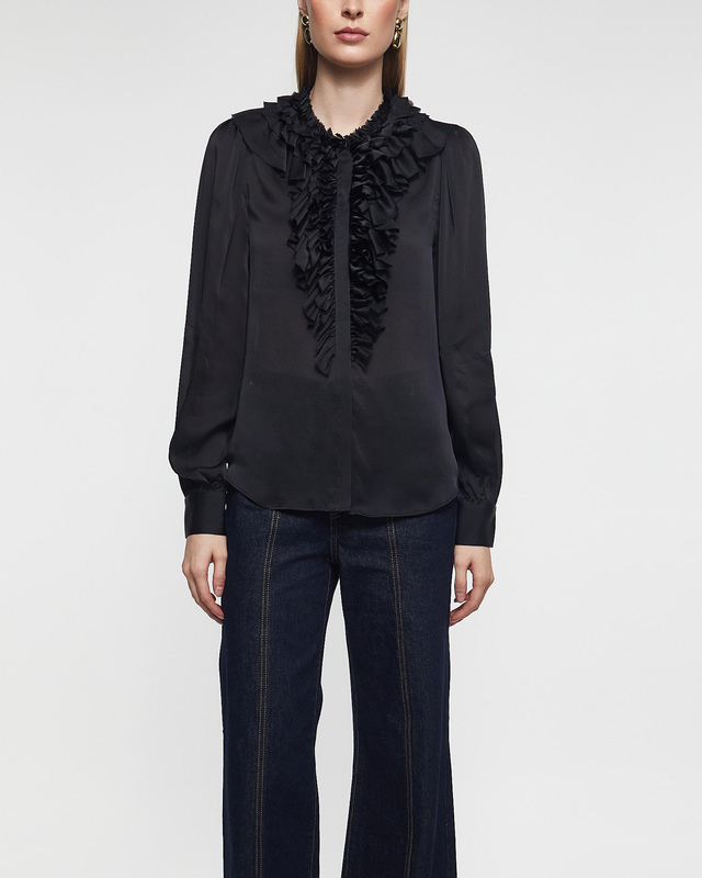 Ulla Johnson Blus Rouen Silk Ruffle Front Long Sleeve  Noir US 4 ( EUR 36)