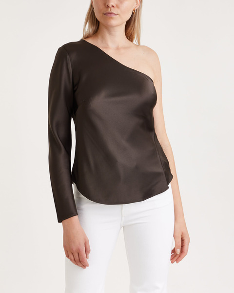 Blus Satin One-Shoulder Top Mörkbrun 1