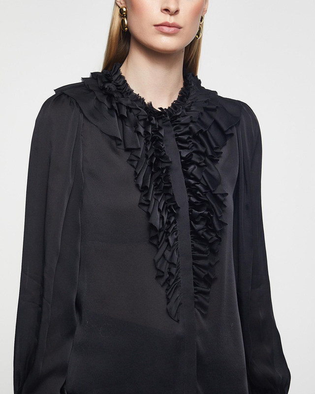 Ulla Johnson Blus Rouen Silk Ruffle Front Long Sleeve  Noir US 4 ( EUR 36)