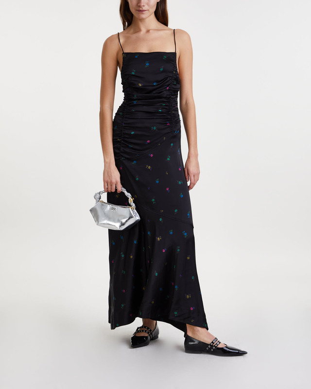 Ganni Dress Printed Satin Ruched Long Slip Black 38